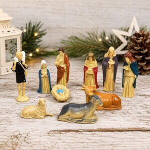 Vintage Miniature Nativity Set 10 Pc Plastic Mary Joseph Wise Men Animals Decor